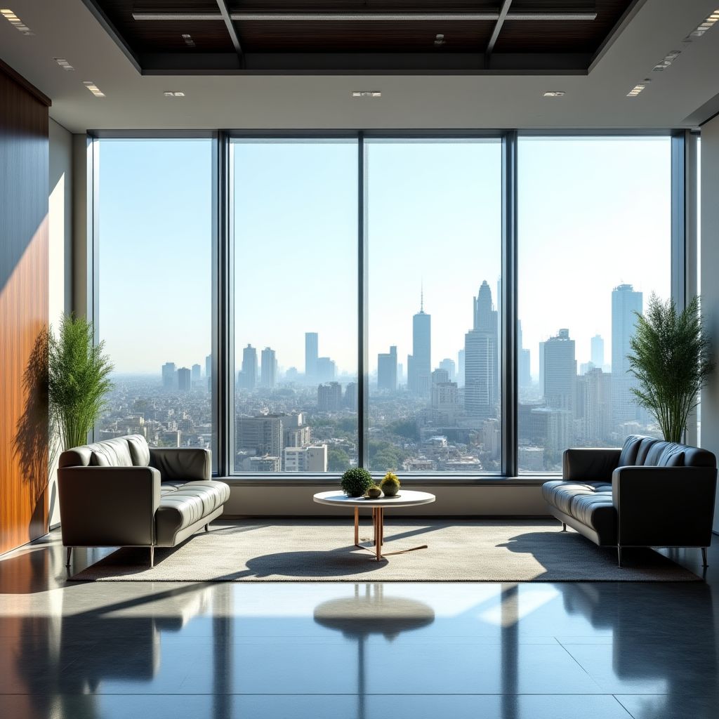 Oficina moderna con vista a la ciudad